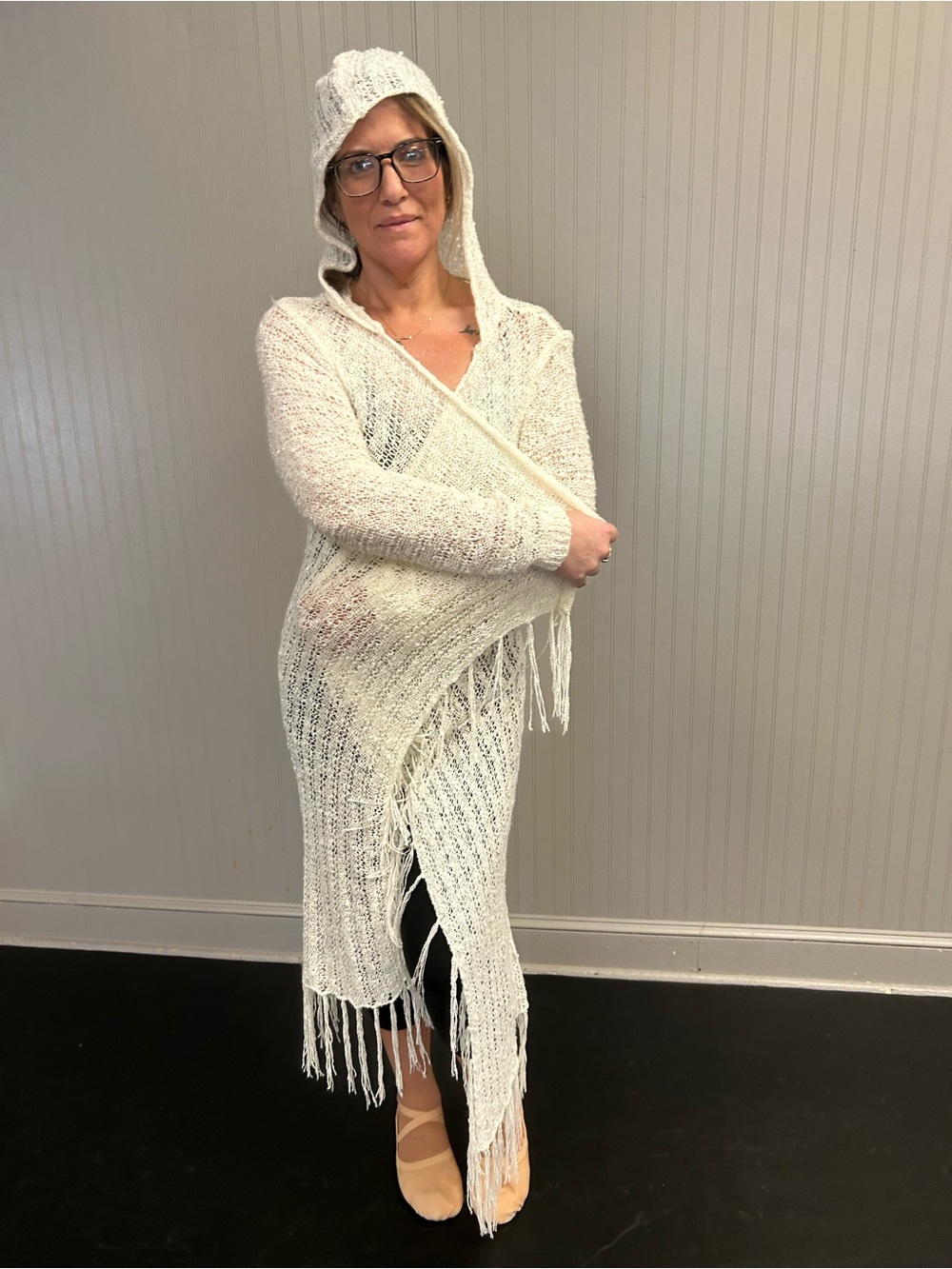 Long Open-Front Fringe Cardigan Sweater in Cream with hood